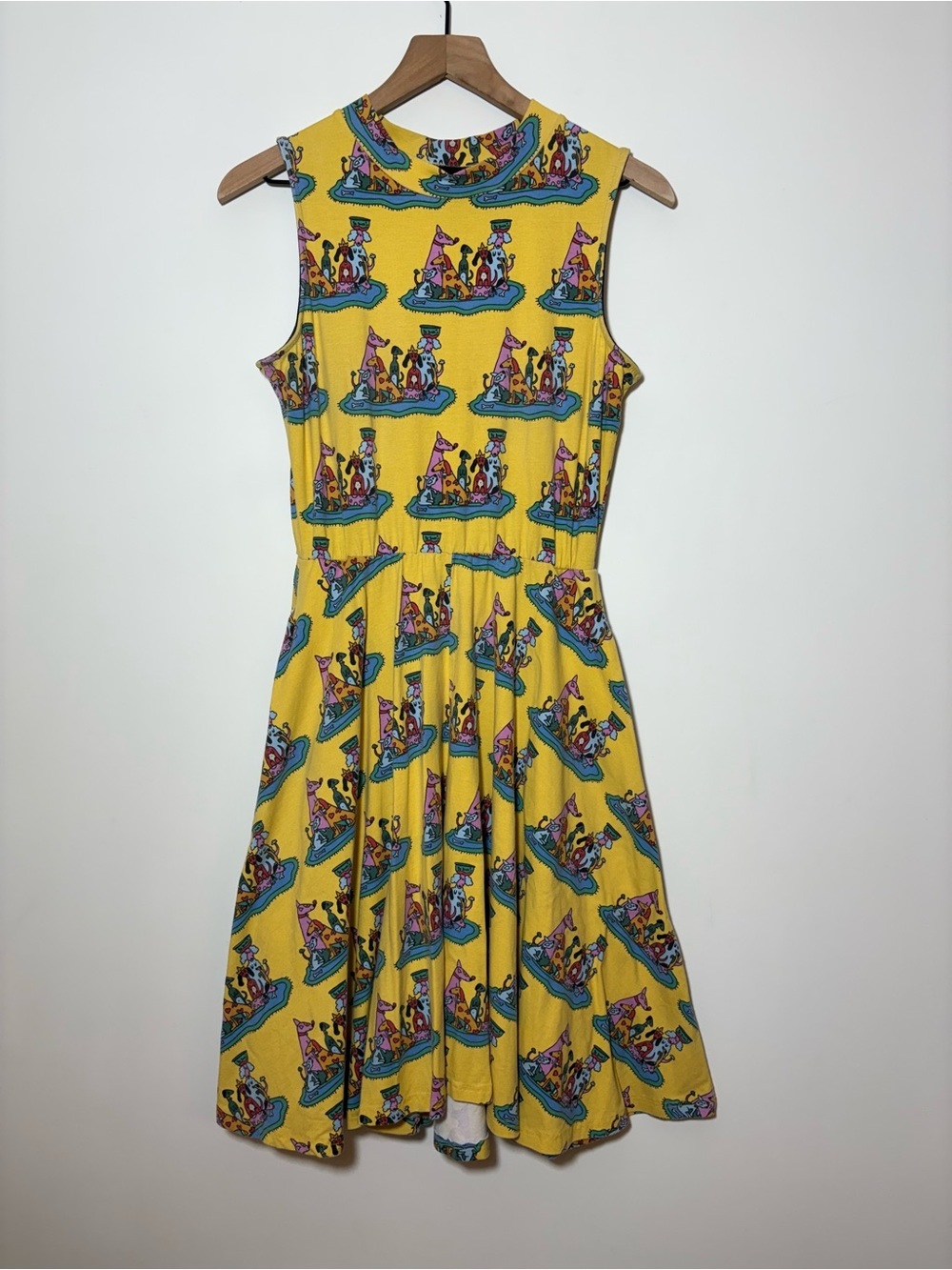 NOOWORKS Dahlia Dress In Dog Party Print SZ M Cotton Stretch Pockets Midi USA - Picture 3 of 10